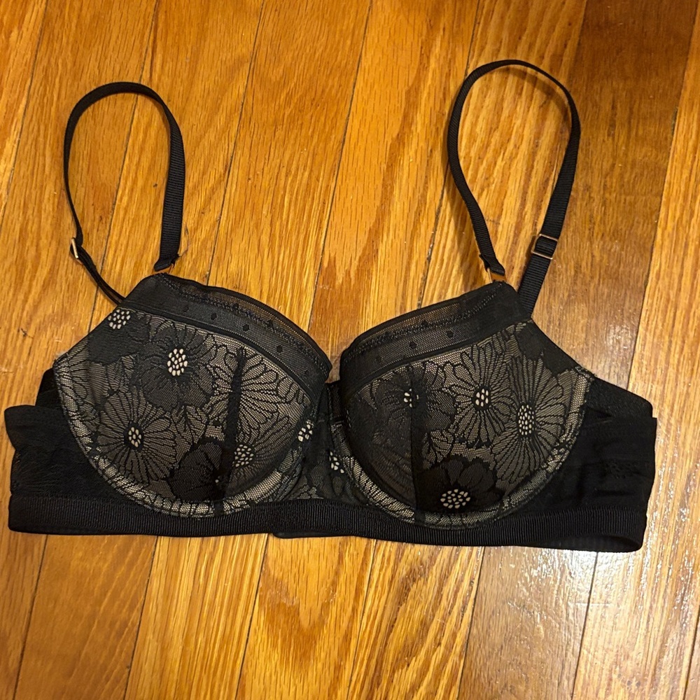 Aerie Black Floral Lace Balconette Bra